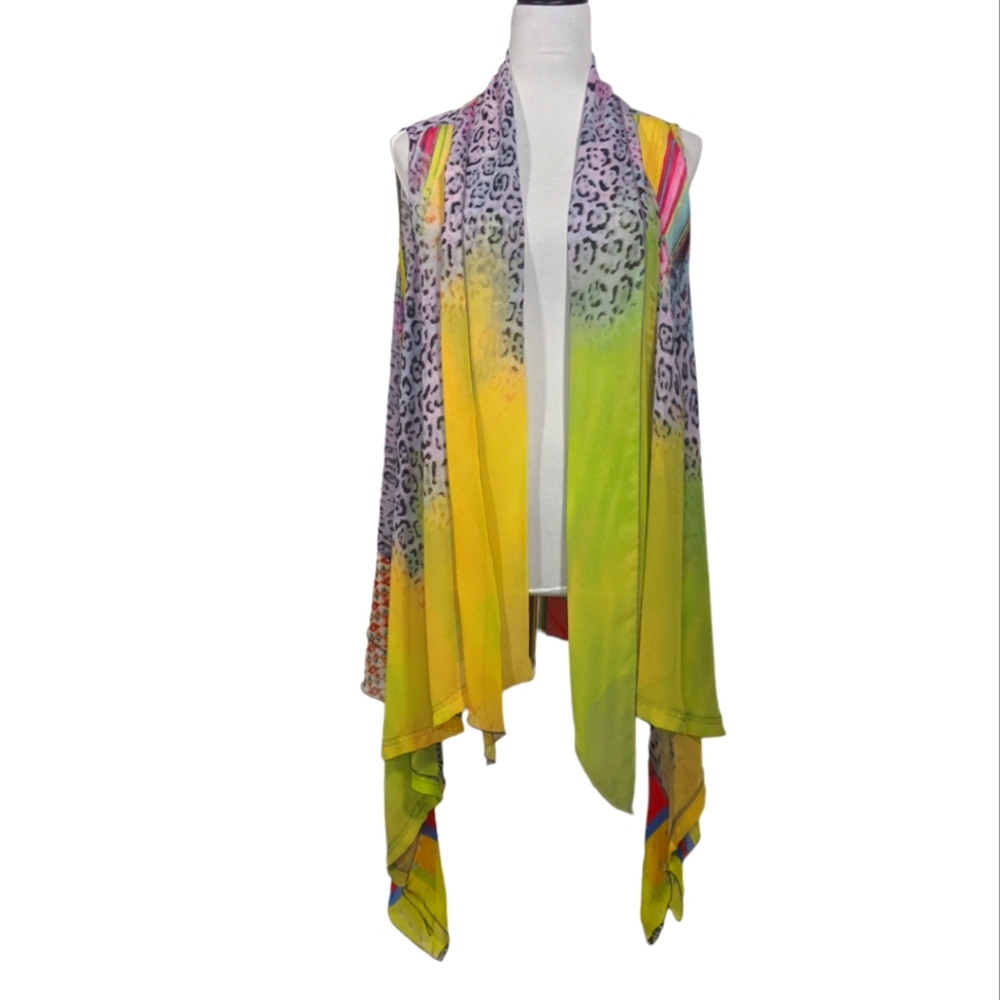 Radzoli Vibrant Neon Artsy Sleeveless Open Front Chiffon Cardigan Asymmetrical L